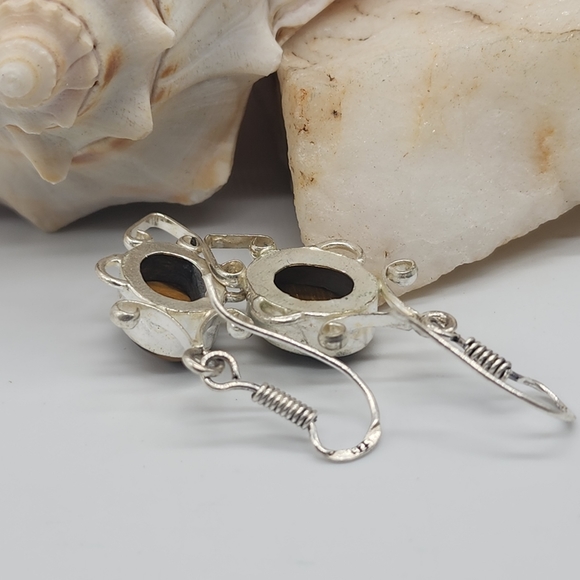 Natural Tiger Eye Stone Silver 925 Earrings - Picture 4 of 8